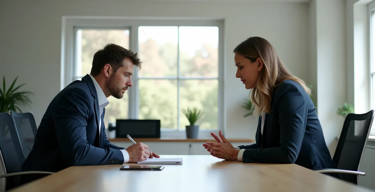 Échange professionnel entre un conseiller et un candidat dans un bureau moderne