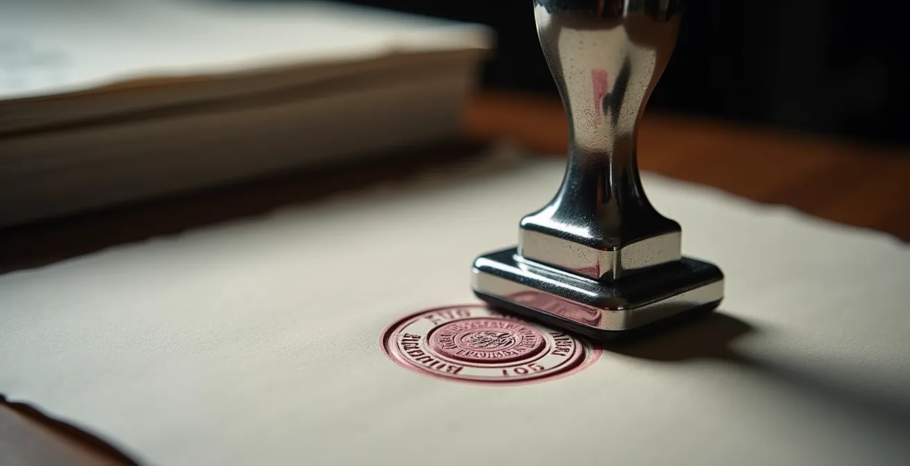 Un bureau professionnel avec documents et tampons de certification