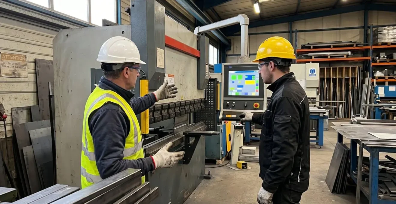 Un formateur montre à un opérateur les dispositifs de sécurité d'une presse plieuse, les deux portent casque et lunettes de protection, dans un atelier industriel lumineux