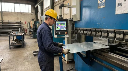 Un opérateur portant casque, gants de protection et lunettes de sécurité manipule une tôle métallique sur une presse plieuse hydraulique moderne dans un atelier industriel lumineux